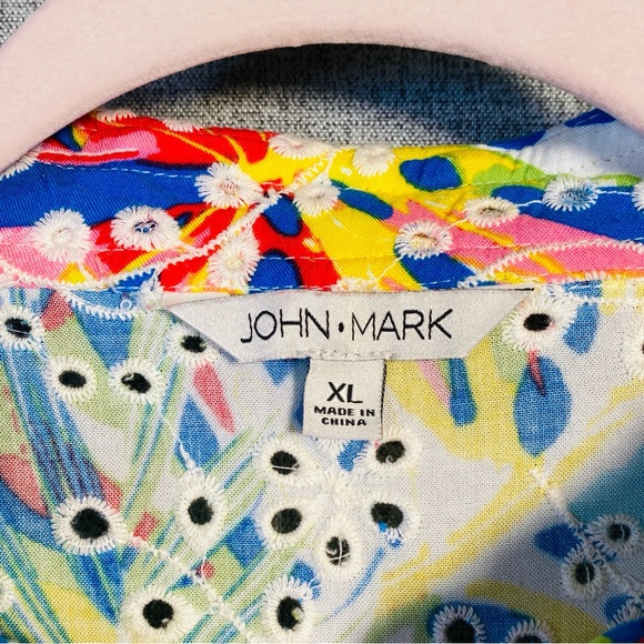 John Mark XL Multicolor Floral Embroidered Eyelet Roll Tab Sleeve Button Down - Picture 5 of 8